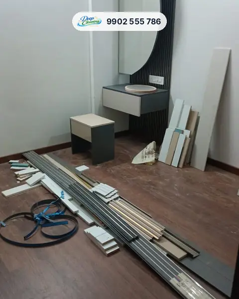 New dressing unit with laminate offcuts and edge-banding left on the floor